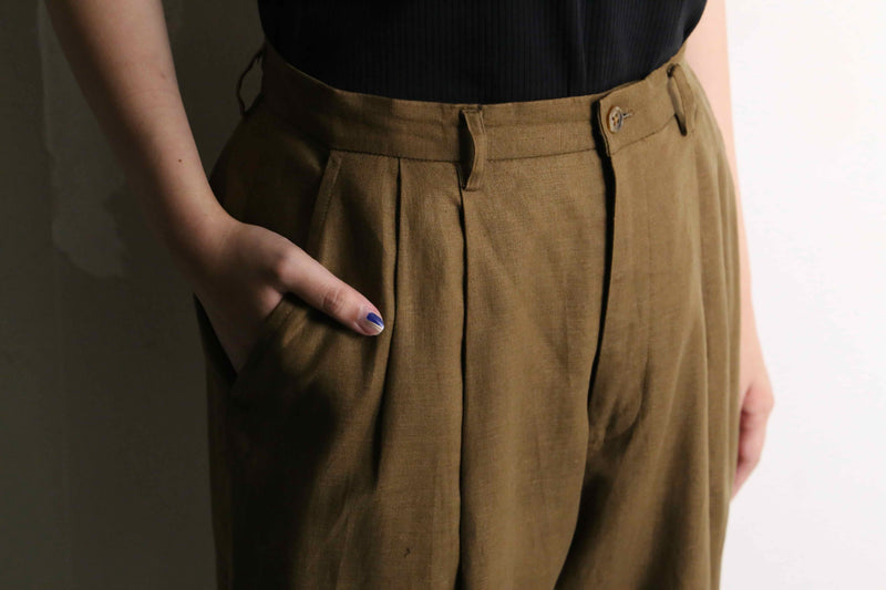 dark brown tapered linen slacks