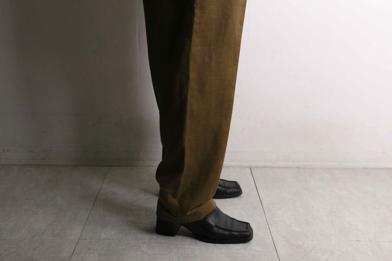 dark brown tapered linen slacks