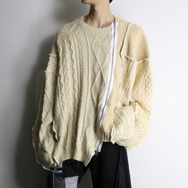 "Re:make" beige tone patchwork zip knit