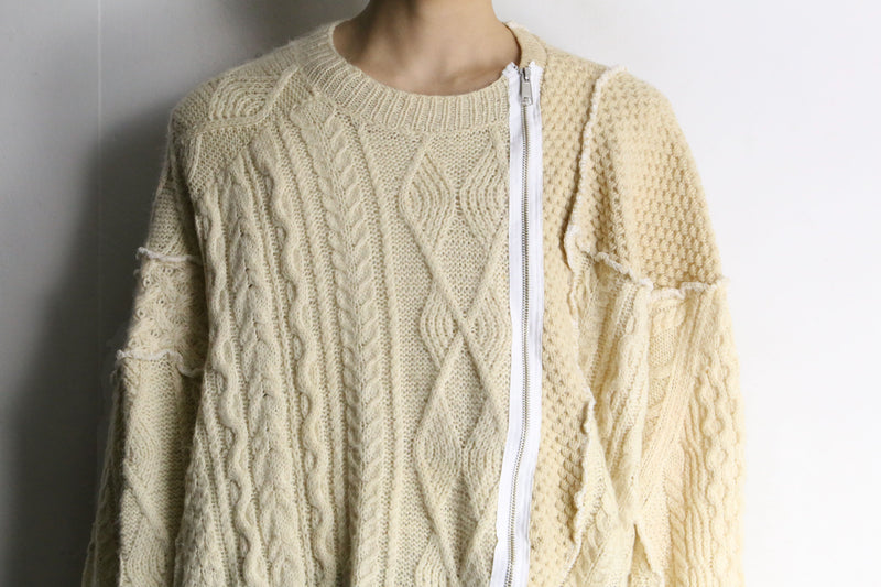 "Re:make" beige tone patchwork zip knit