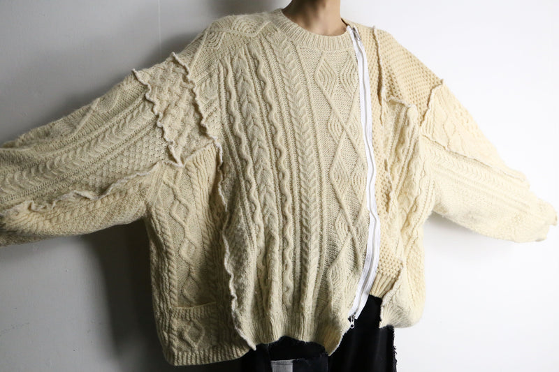 "Re:make" beige tone patchwork zip knit