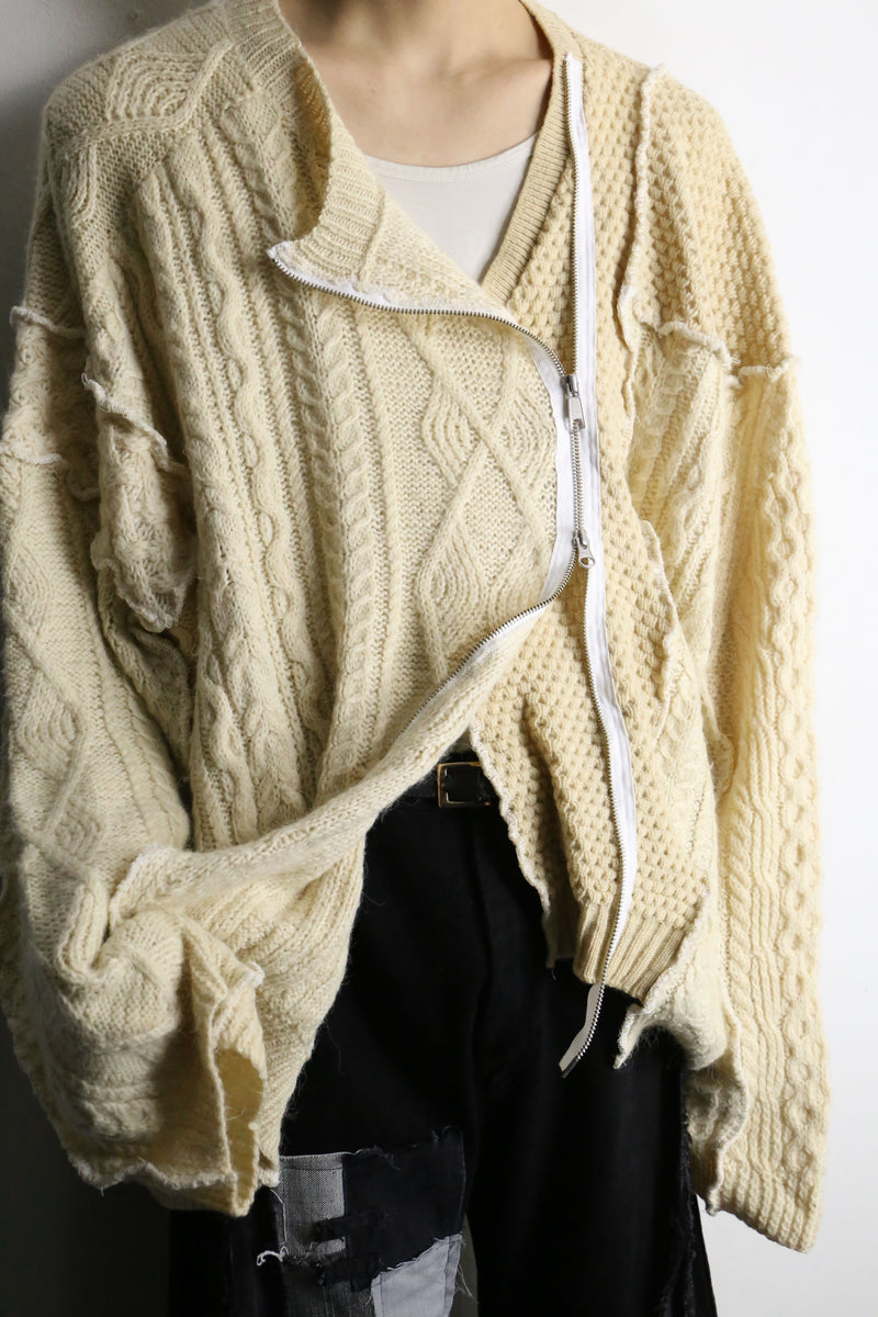 "Re:make" beige tone patchwork zip knit