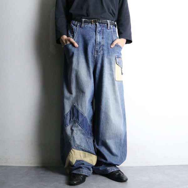 switching line design wide straight denim pants