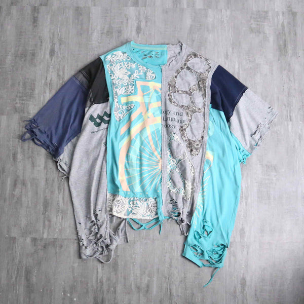"Re:make" blue×gray docking lace custom Tee