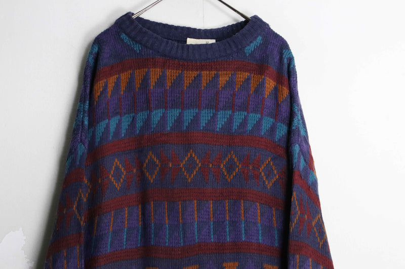 multi color geomatics pattern crew neck knit