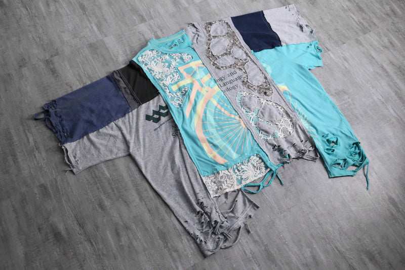 "Re:make" blue×gray docking lace custom Tee