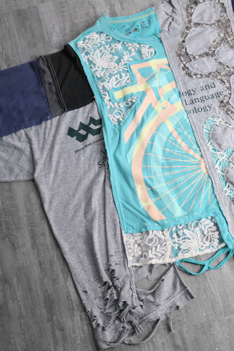 "Re:make" blue×gray docking lace custom Tee