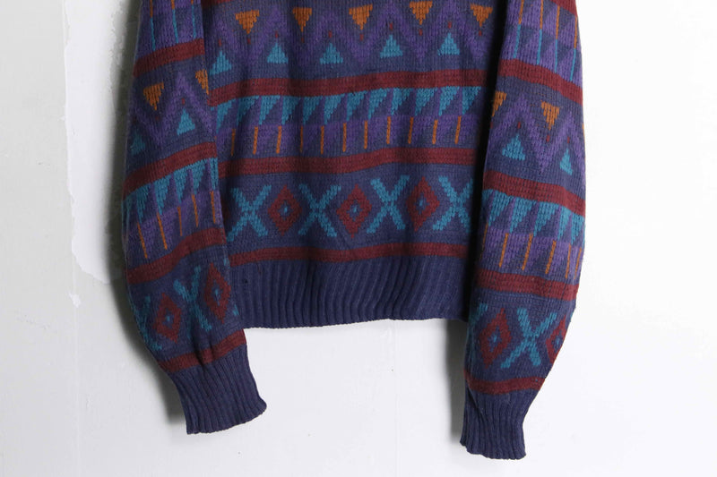 multi color geomatics pattern crew neck knit