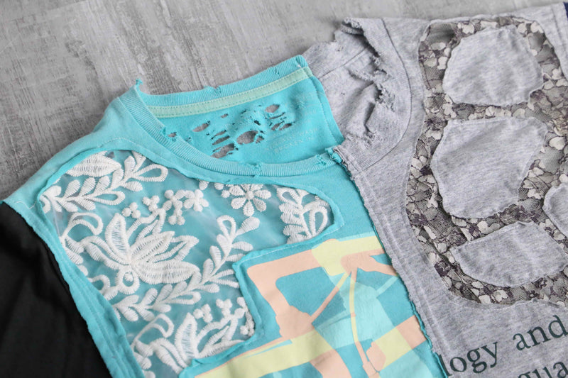 "Re:make" blue×gray docking lace custom Tee