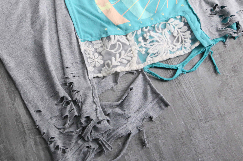 "Re:make" blue×gray docking lace custom Tee
