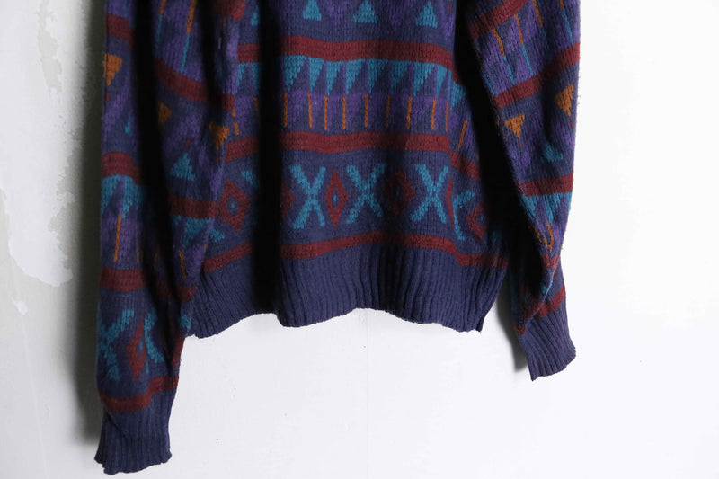 multi color geomatics pattern crew neck knit