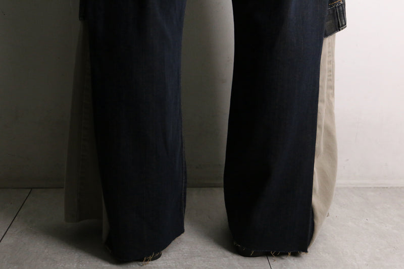 remake "再構築" beige×black docking wide flare denim