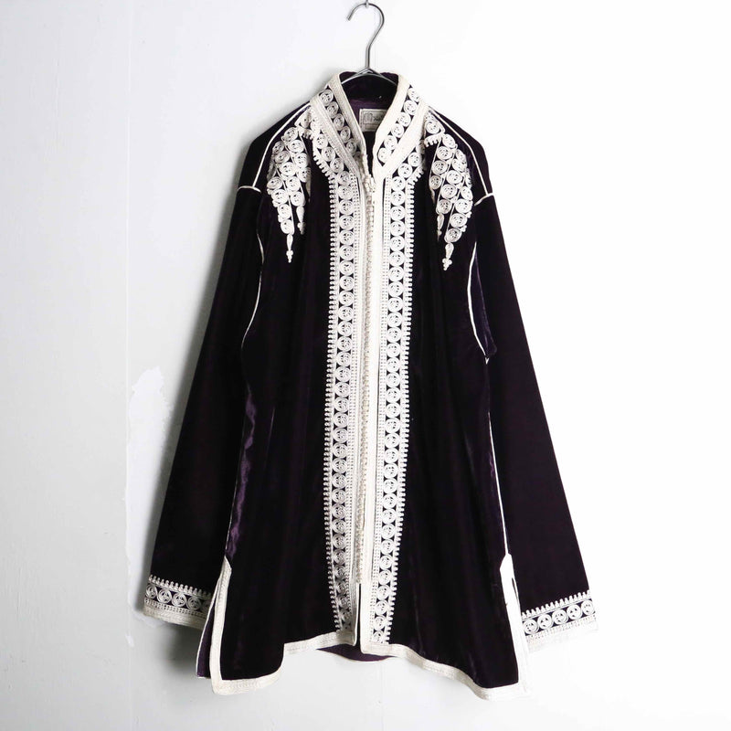 deep purple velours white embroidery design zip shirt jacket