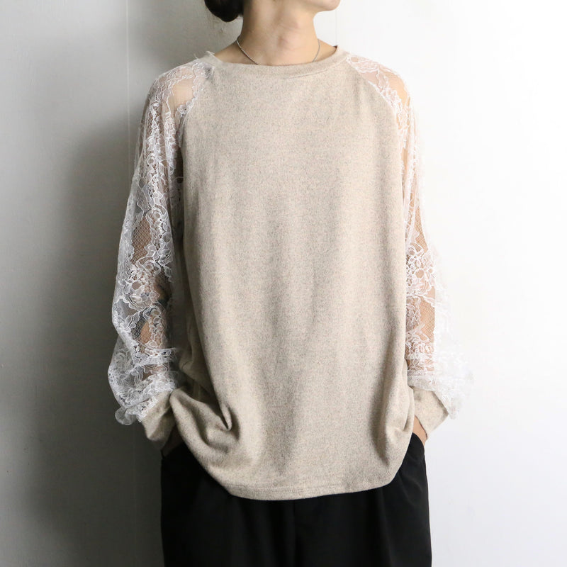 lace switching design raglan sleeves t-shirt