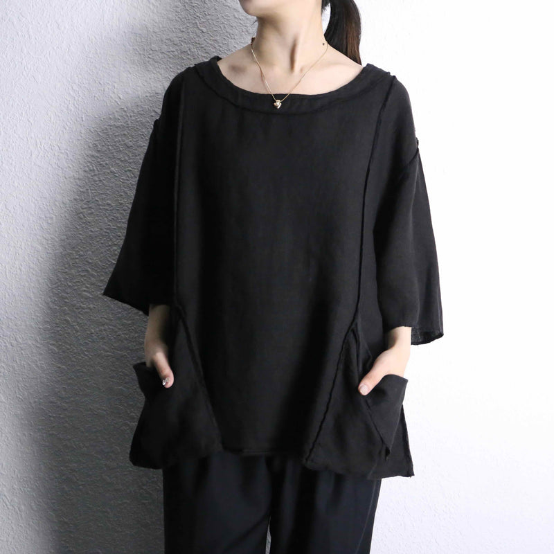 black deformation pocket U neck pull over
