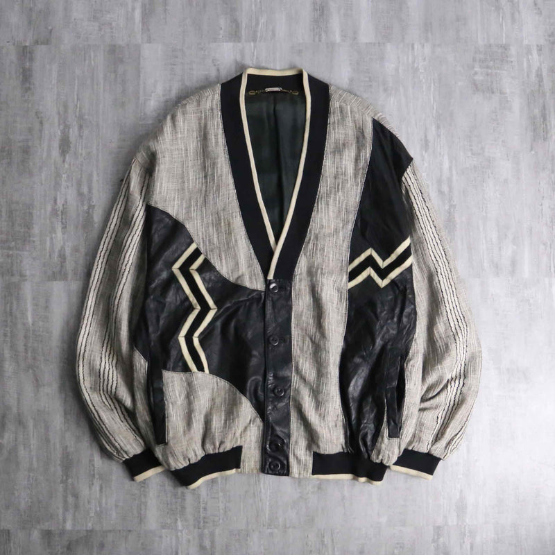 leather × linen switch design cardigan