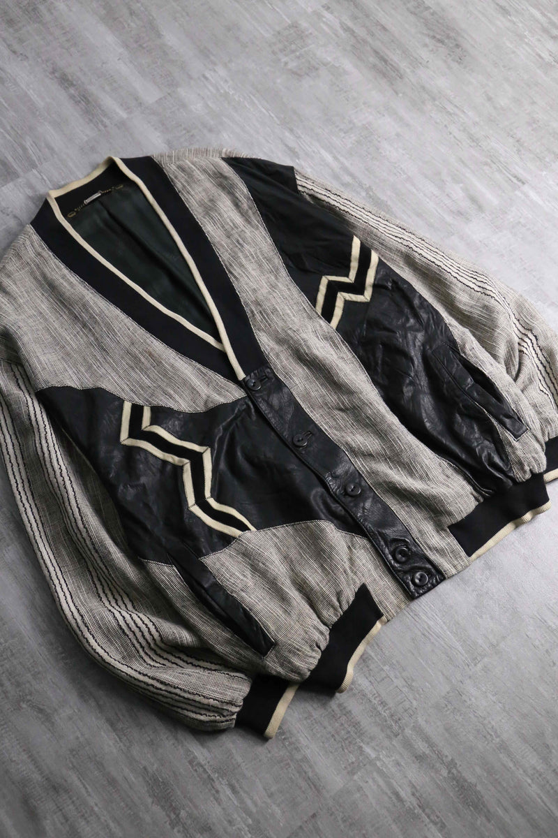 leather × linen switch design cardigan