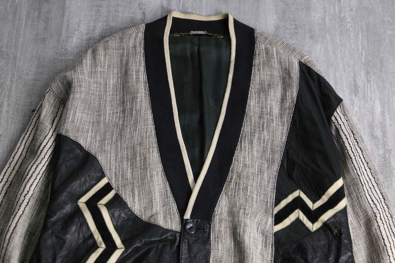 leather × linen switch design cardigan