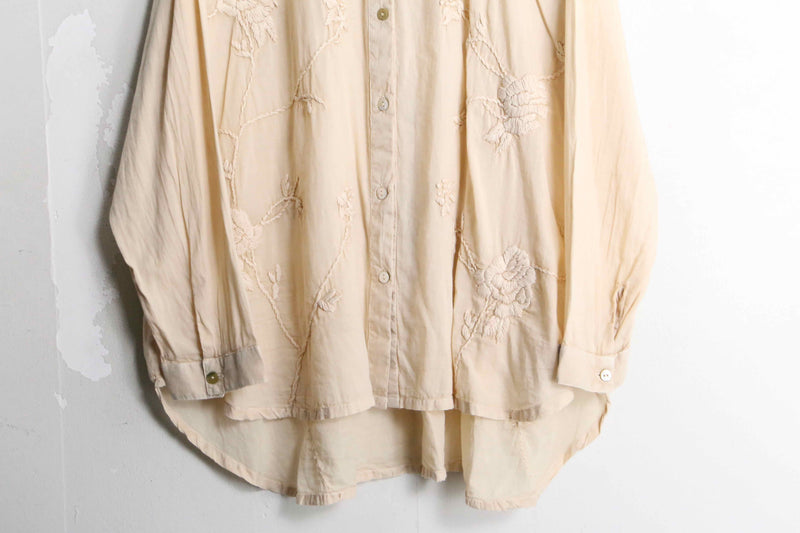 beige flower embroidery design L/S cotton shirt