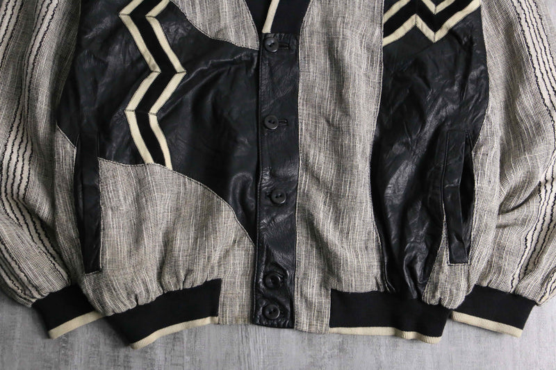 leather × linen switch design cardigan