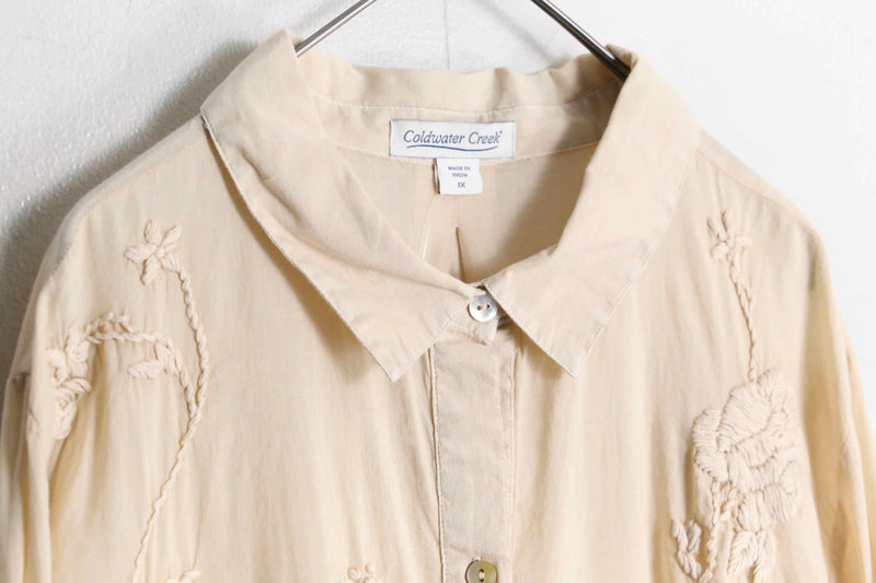 beige flower embroidery design L/S cotton shirt