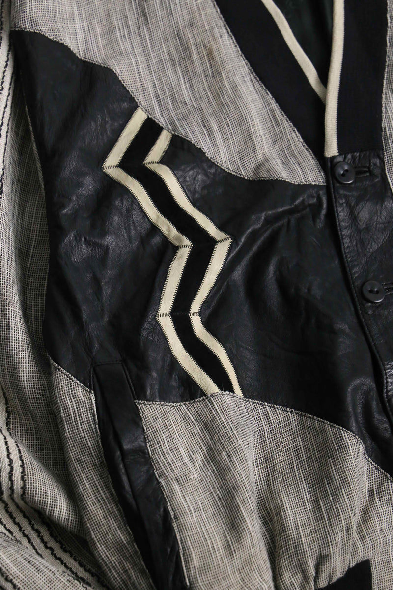 leather × linen switch design cardigan