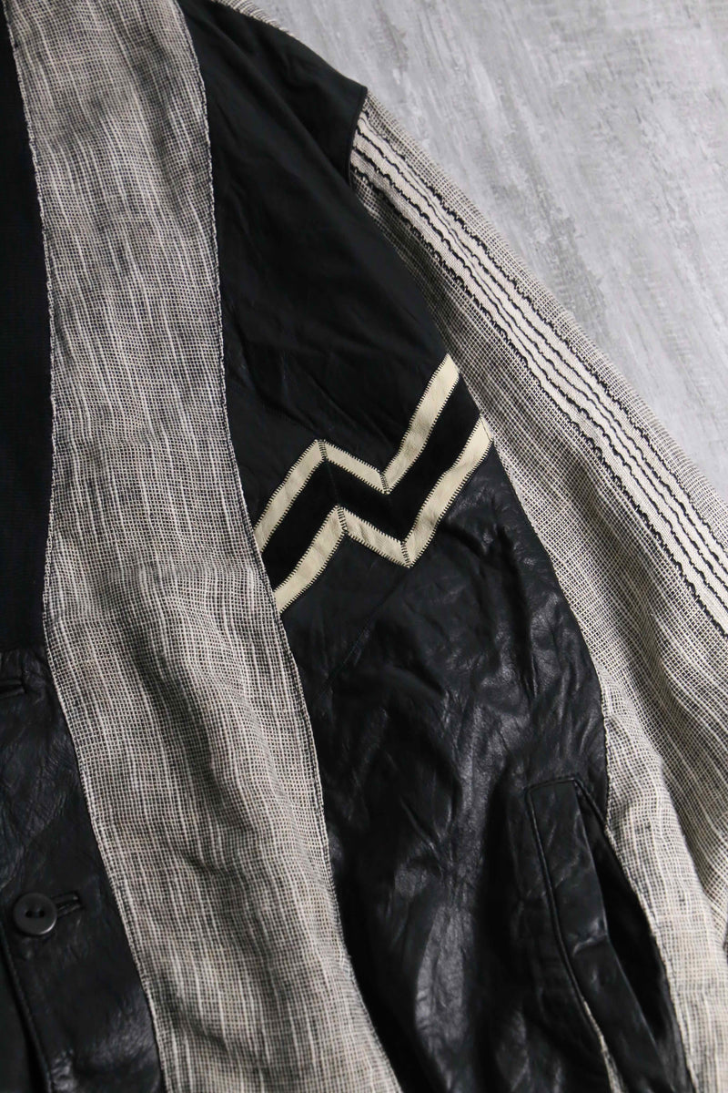 leather × linen switch design cardigan