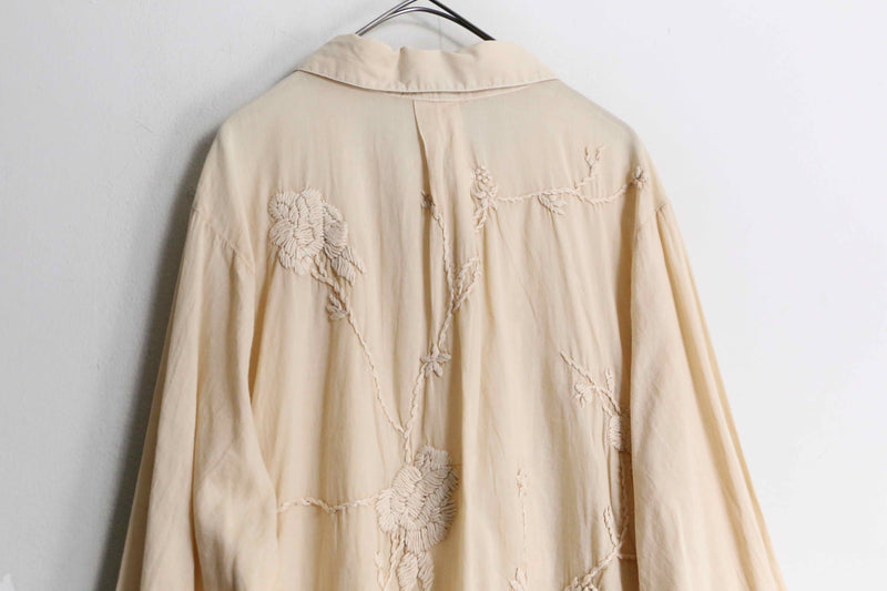 beige flower embroidery design L/S cotton shirt