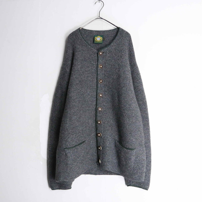 grey × green tyrolean motif cardigan