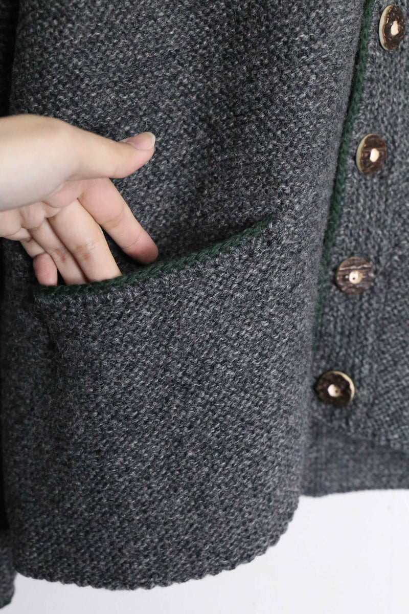 grey × green tyrolean motif cardigan