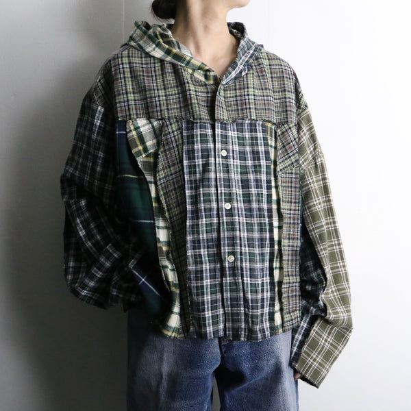 “Re:make " green tone short legth  check shirt hoodie