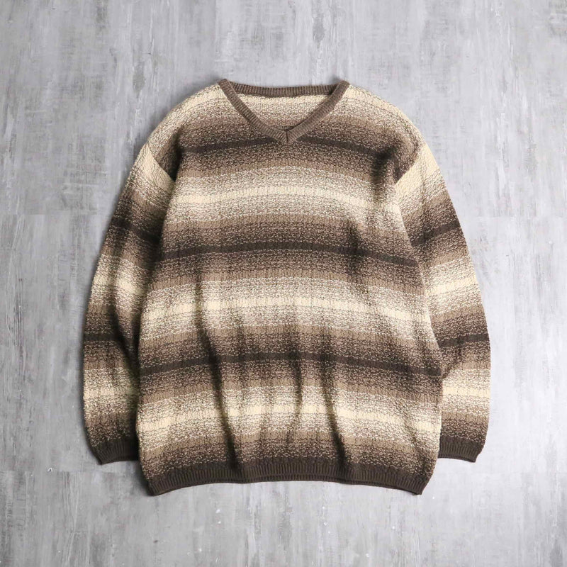 brown base horizontal stripe V-neck knit