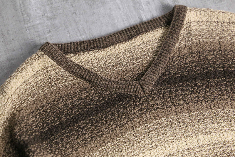 brown base horizontal stripe V-neck knit