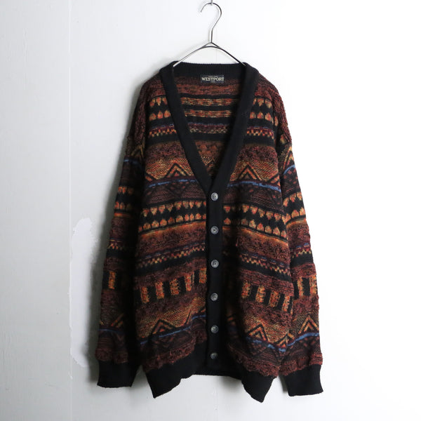 brown base ethnic border knit cardigan