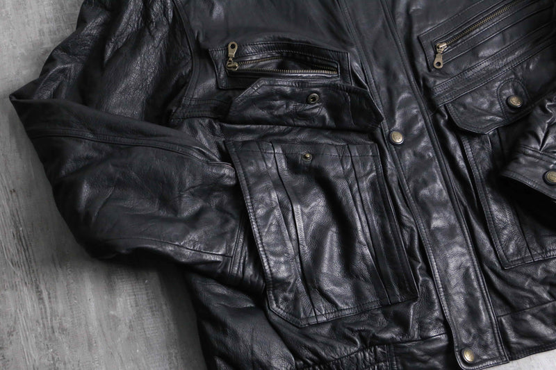 multi pocket black leather jacket
