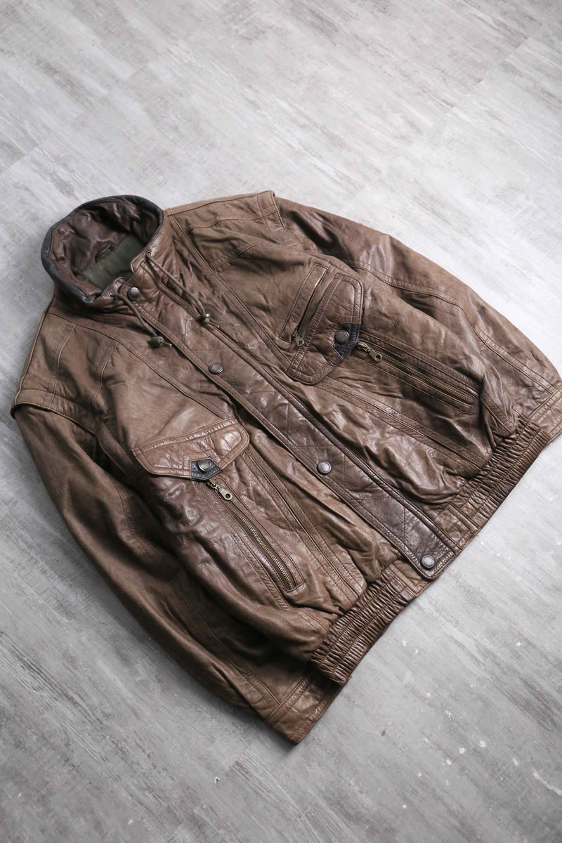 good aging stand collar brown leather jacket