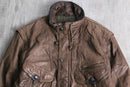 good aging stand collar brown leather jacket