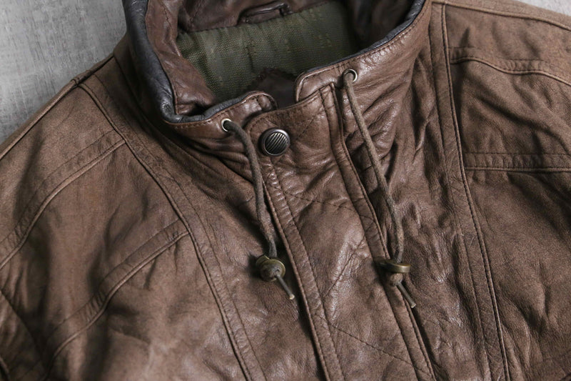 good aging stand collar brown leather jacket