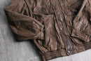 good aging stand collar brown leather jacket