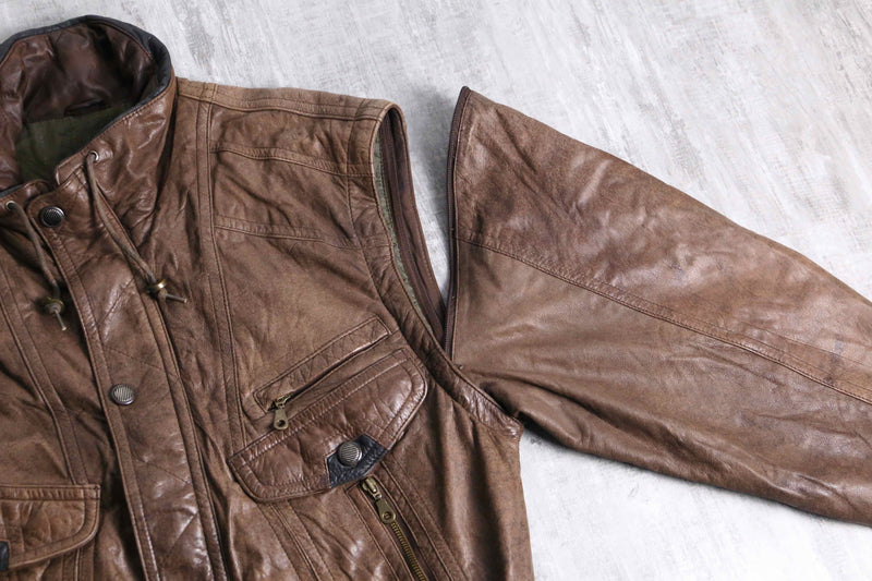 good aging stand collar brown leather jacket