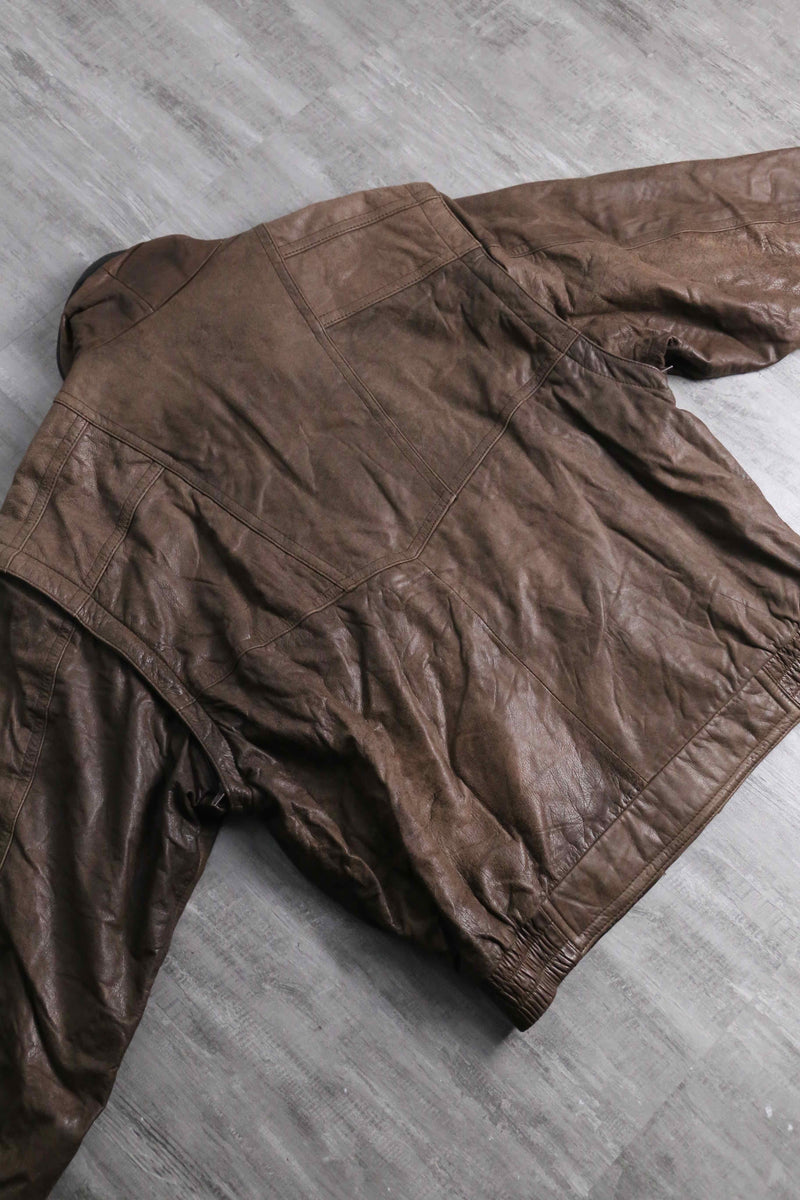 good aging stand collar brown leather jacket