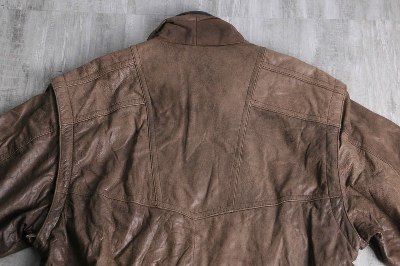 good aging stand collar brown leather jacket