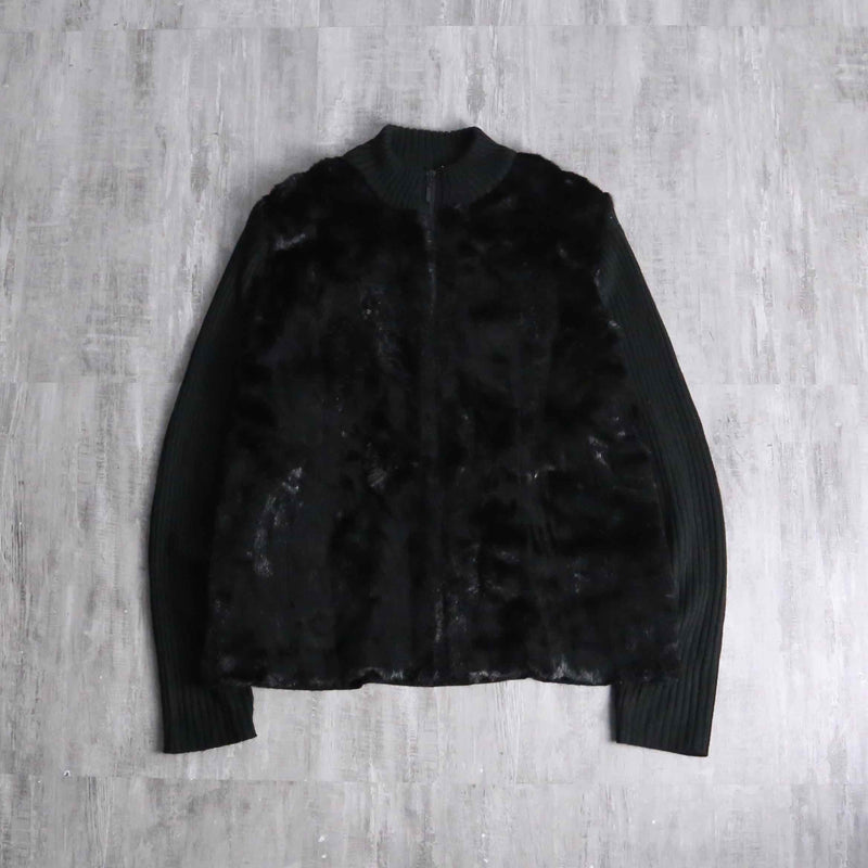 black fakefur zip knit jacket
