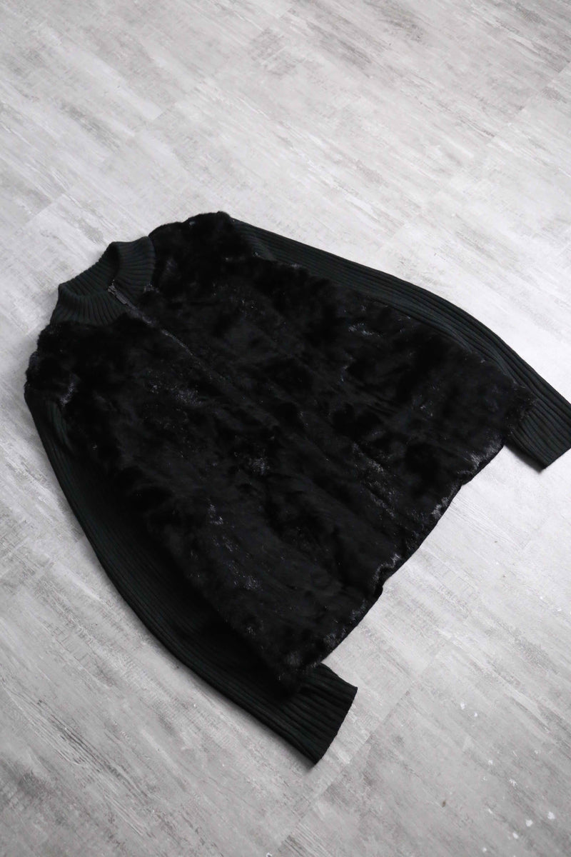 black fakefur zip knit jacket