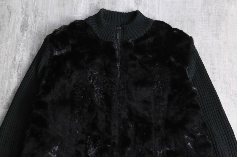 black fakefur zip knit jacket