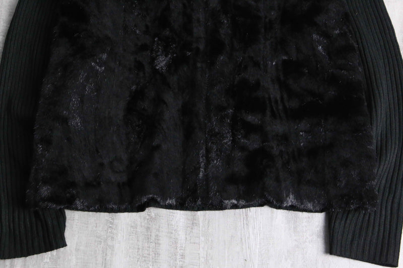 black fakefur zip knit jacket