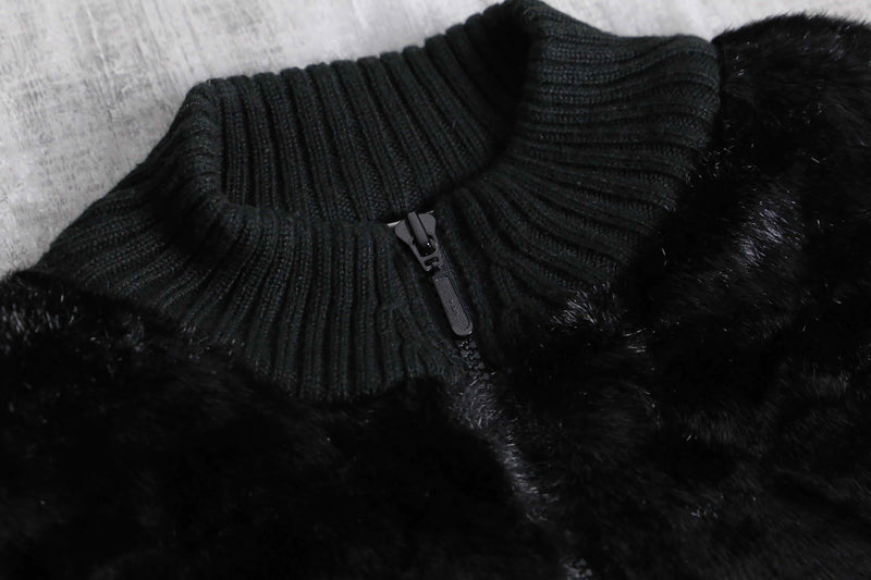 black fakefur zip knit jacket