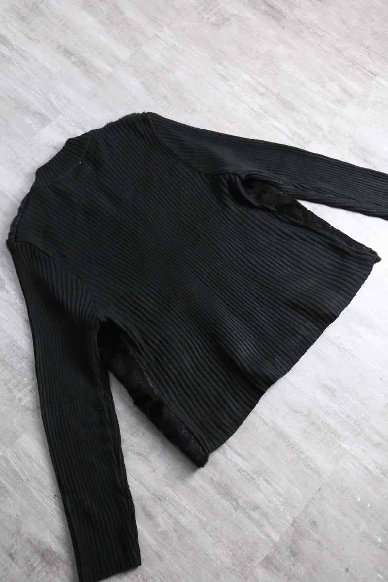 black fakefur zip knit jacket