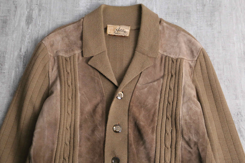 suede swiching open collar knit