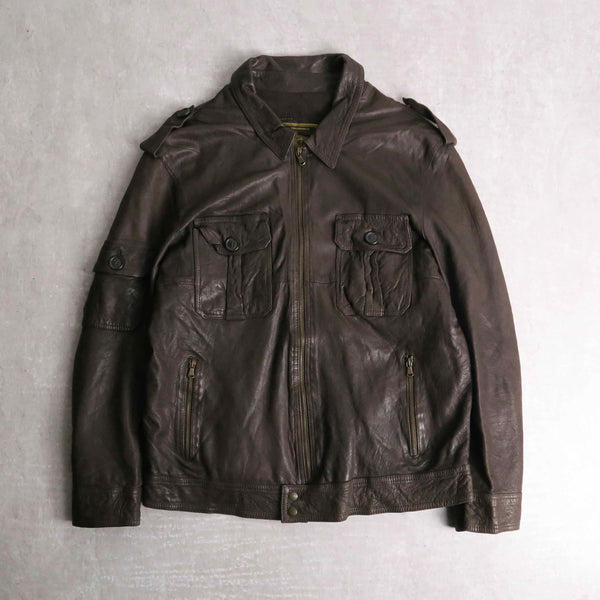 brown color short length leather jacket